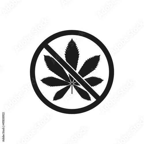 No cannabis icon. Prohibition sign with marijuana leaf. Vector. Flat design.