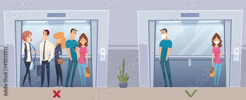 New elevator use rules. Virus flu prevention, people crowd and single in face mask vector concept. Illustration elevator people distance, social protection