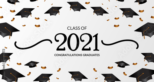 class of 2021. congratulation of graduation with 3d frame diploma cap and confetti. education academy school learning