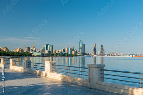 Baky skyline view from Baku boulevard or the Caspian Sea embankment. Baku is the capital and largest city of Azerbaijan and of the Caucasus region