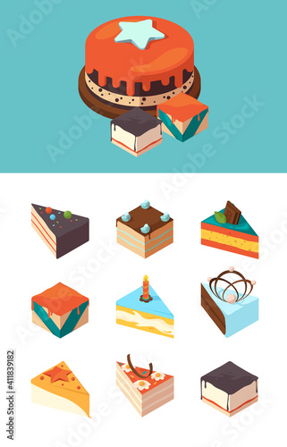 Isometric cakes. Delicious products sliced cake pieces garish vector illustrations. Cake piece isometric, sliced product delicious, cheesecake part slice