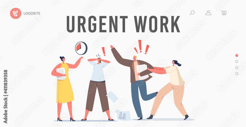 Urgent Work Landing Page Template. Anxious Business Characters in Chaos Office. Deadline, Running Stressed Workers