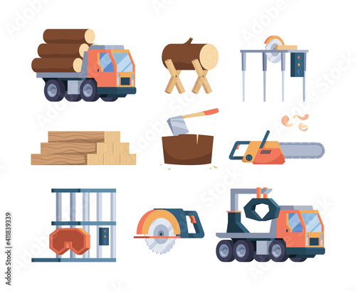 Wooden industry. Lumber axe sawmill timber forestry production woodcutter collections garish vector flat pictures set. Illustration timber industry, logging trunk, wooden and woodworking