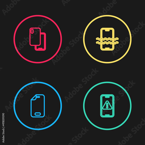 Set line Glass screen protector, Mobile with exclamation mark, Waterproof phone and Smartphone icon. Vector. © vector_v