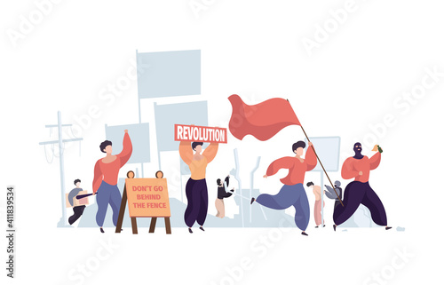 Vandalism background. Agressive people making protest spray graffiti paints on wall diverse action outdoor crowd vector stylyzed flat illustration. People demonstration and action, revolution picket