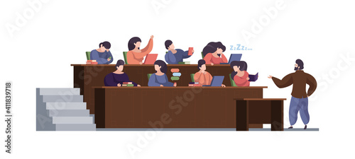 Lecture room. Front view lecture hall audience people professor talking with students lazy peoples garish vector flat background. Illustration hall lecture conference, public presentation