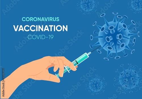 Vacctination banner. Hand holding syringe with vaccine for virus. Virus protection concept. Modern Vector illustration. Sars disease or Covid-19 vaccination with vaccine  syringe.