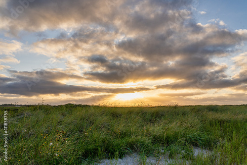 Romantic sunset on the beach over the green dunes in Jutland  Denmark