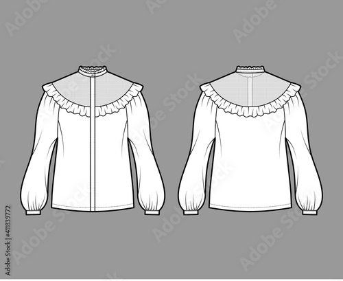 Prairie blouse technical fashion illustration with bouffant long sleeves, stand collar, ruffle yoke, cuff, hide button up. Flat apparel top template front, back, white color. Women unisex CAD mockup