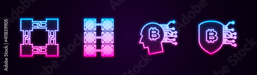 Set line Blockchain technology, Mining farm, Bitcoin think and Shield with bitcoin. Glowing neon icon. Vector.
