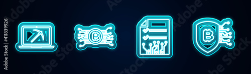 Set line Mining with laptop and pickaxe, Cryptocurrency bitcoin circuit, Smart contract and Shield. Glowing neon icon. Vector.