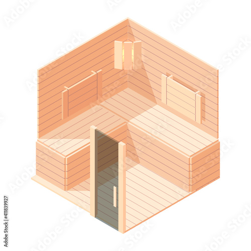Sauna isometric. Wooden interior of russian sauna room therapy relax place with bench and hot stones vector 3d illustrations. Sauna interior, steam room isometric wooden