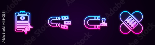 Set line Clipboard with DNA analysis, Magnet money, Customer attracting and Crossed bandage plaster. Glowing neon icon. Vector.
