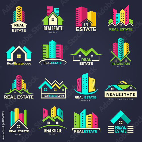 Real estate badges. Business construction logo houses elegant symbols recent vector illustrations. Business logo real estate company, badge bulding