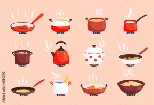 Cooking food. Boiling in kitchen pan on gas stove cookware processes egg and soup preparing nowaday vector flat pictures set isolated. Saucepan and pot, cooking food in pan illustration