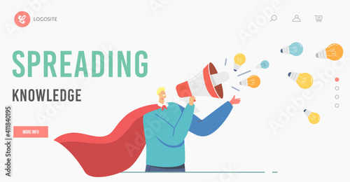 Character Spread Knowledge and Ideas Landing Page Template. Man in Superhero Cloak with Loudspeaker and Lamps Flying Out