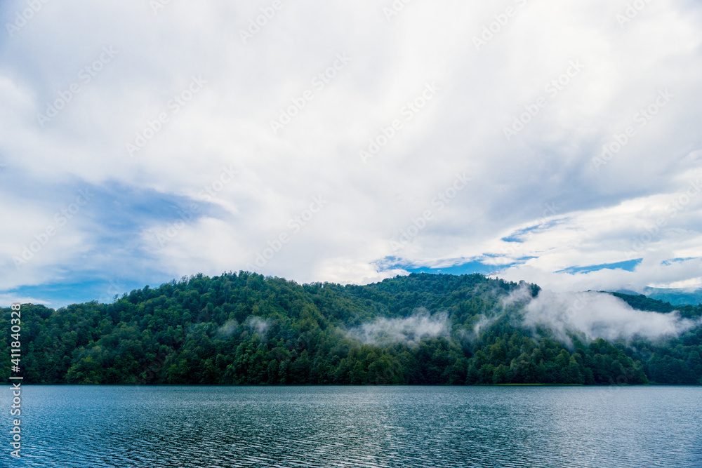 Azerbaijan, Goygol: Panoramic view landscape scenery on famous Lake  near Ganja