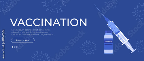 Horizontal vector banner with Covid-19 vaccine on blue background. Vaccination concept design. Syringe and ampoule with a vaccine. Vector illustration EPS 10