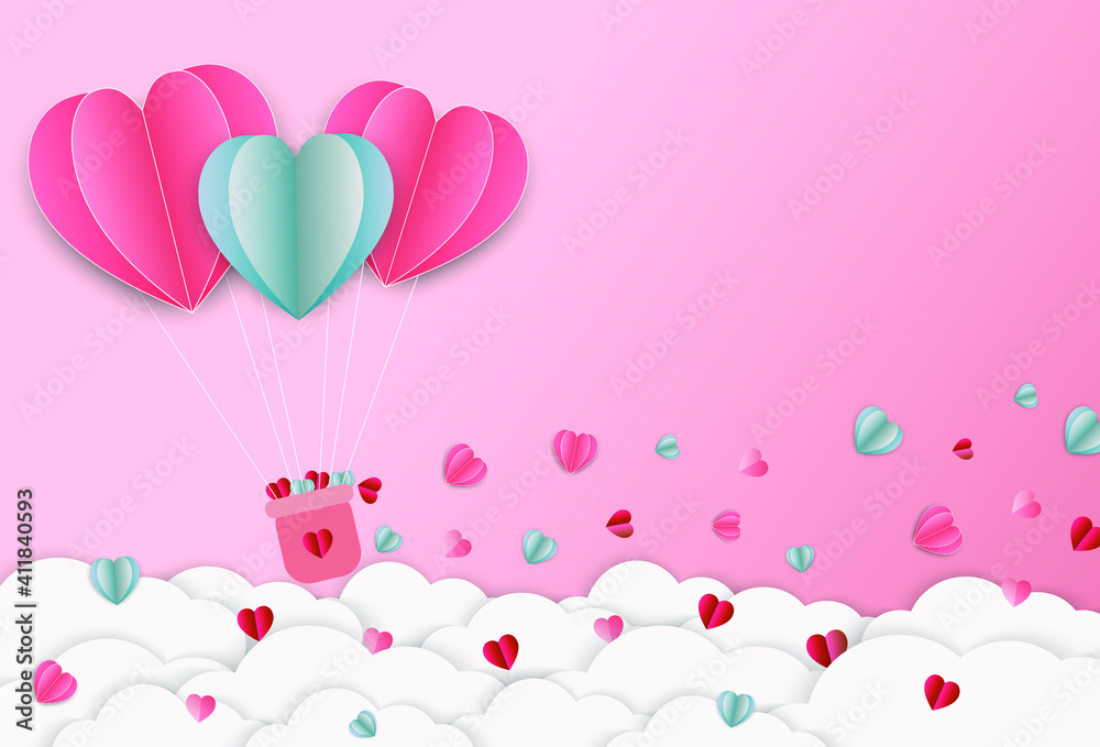balloons heart on pink background. design for valentine's festival. Vector illustration.paper craft style.