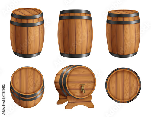 Barrels alcohol. Front and top view of wooden barrels with rum bar containers faucet hoop decent vector realistic illustration set. Barrel and keg, cask for alcohol wine beer