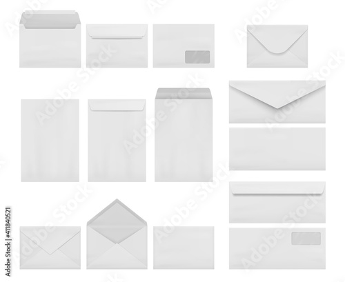 Envelopes collection. Business correspondence letters realistic mockup a4 printing stationery decent vector illustrations set isolated. Business envelope to send letter, paper mail correspondence photo
