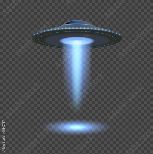 Blue ufo lights. Aliens spaceship spotlight, 3d space object isolated on transparent background. Flying rays, futuristic ship vector element. Illustration ufo spotlight, alien spaceship