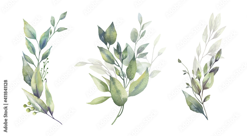 Obraz premium Watercolor floral illustration set - green leaf branches bouquets collection, for wedding stationary, greetings, wallpapers, fashion, background. Eucalyptus, olive, green leaves, etc. High quality