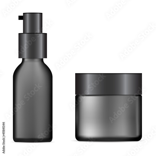 Black cosmrtic bottle, cream jar mockup. Serum essence bottle with pimp dispenser for treatment. Gel moisturizer product design. Creme base or wax jar