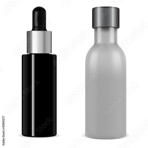 Serum bottle dropper cosmetic mock up. Black glass vial 3d vector. Collagen packaging flask with pipette with silver cap. Medical bottles design blank, beauty container