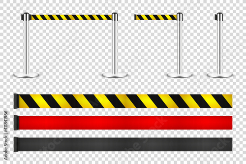 Realistic retractable belt stanchion on transparent background. Crowd control barrier posts with caution strap. Queue lines. Restriction border and danger tape. Vector illustration.