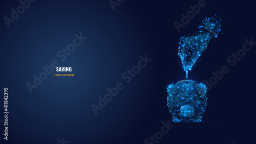 Digital 3d hand putting money into piggy coin bank. Abstract vector wireframe of saving money, finances, budget concept in dark blue. Low poly mesh with dots, lines and shapes looks like starry sky 