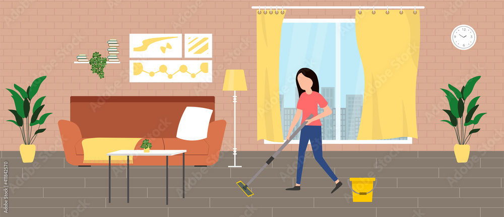 Woman Cleaning Living room with a mop. Housewife, Housekeeping, Household themes. Vector illustration in flat style Woman Cleaning Living room with a mop. Housewife, Housekeeping, Household themes. Vector illustration in flat style