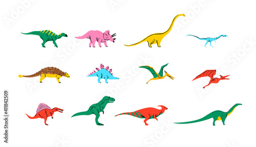 Big set of colorful dinosaur doodle illustration on isolated background. Trendy 90s style dinosaurs collection for educational concept or children design. Includes T-rex, triceratops, pterodactyl.