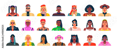 Diverse set of young woman portrait illustration on isolated background. Trendy women collection, big bundle of different funny girl character cartoons in modern fashion. 