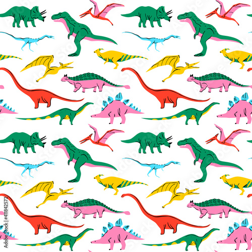 Fototapeta Naklejka Na Ścianę i Meble -  Retro dinosaur doodle seamless pattern illustration. Colorful 90s style dinosaurs background for educational concept or children toy print. T-rex, triceratops, pterodactyl and more animals.