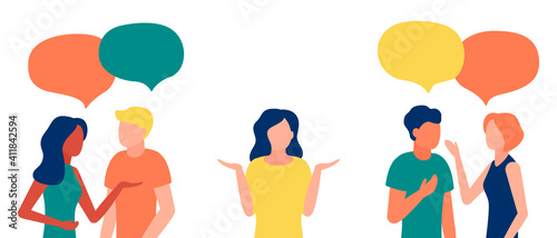Group of people communicates, ignoring introverted woman, outcast. Loneliness, ignorance, discrimination, indifference to teammate. Isolation, rejection of people in society. Vector illustration