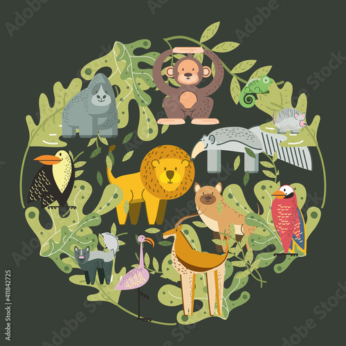 jungle cartoon wild animals foliage leaves rounded shape