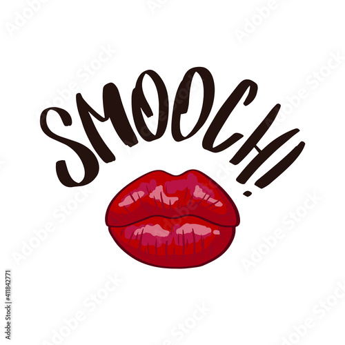 Lips Kiss and hand lettering text smooch. Romantic background with red lip shape. Print, Greeting card or poster design template. Vector illustration. Isolated on white