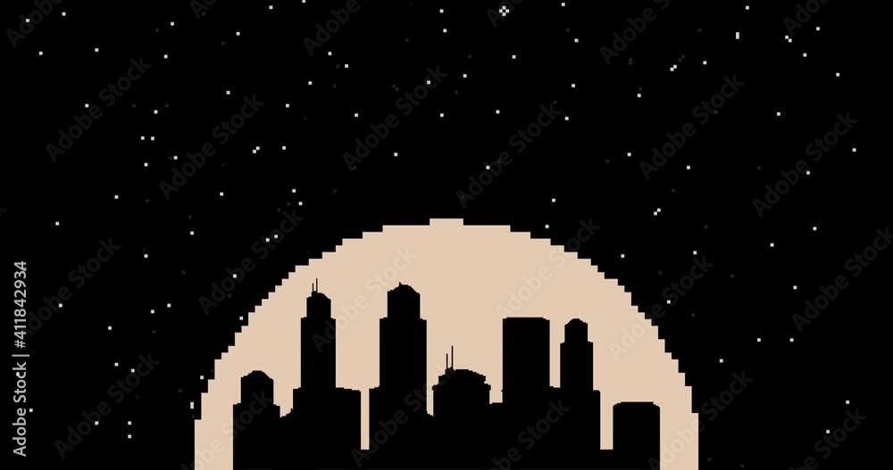 Pixel city, sun, moon, night sky. Cartoon animation. Vector Pixel art 8 bit video retro game.