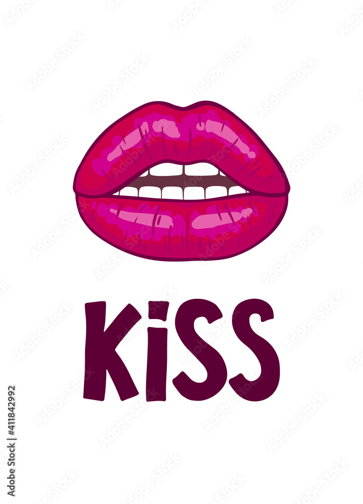 Lips Kiss and hand lettering text kiss. Romantic background with red lip shape. Print, Greeting card or poster design template. Vector illustration. Isolated on white Lips Kiss and hand lettering text kiss. Romantic background with red lip shape. Print, Greeting card or poster design template. Vector illustration. Isolated on white