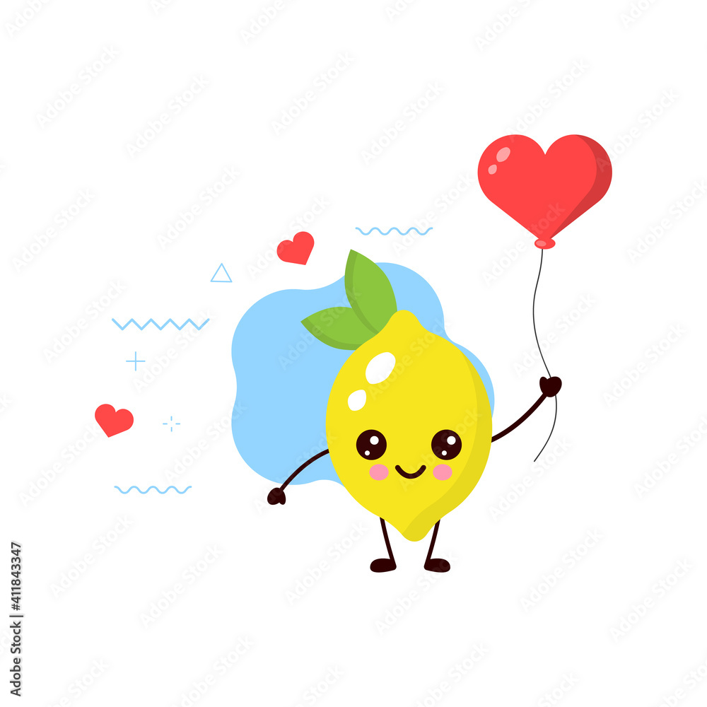 cute lemon with Red heart balloon.vector