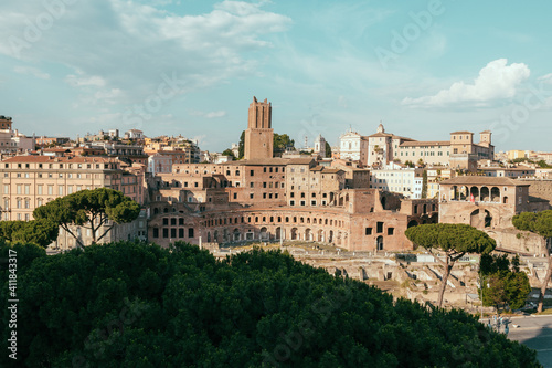 Panoramic view of city Rome with Trajan's Market and Roman forum