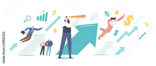 Business People at Huge Rising Arrow Move to Success. Male Character with Spyglass Look on Growing Arrow Chart