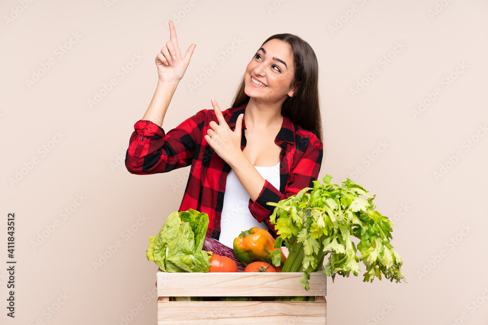 Farmer with freshly picked vegetables in a box isolated on beige background pointing with the index finger a great idea Farmer with freshly picked vegetables in a box isolated on beige background pointing with the index finger a great idea