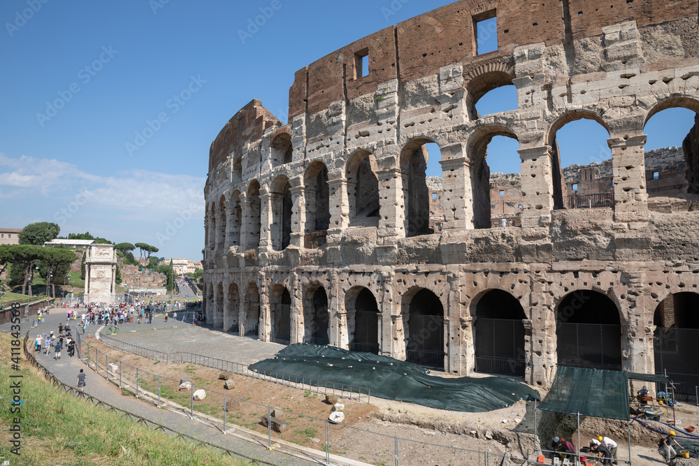 Panoramic view of exterior of Colosseum in Rome