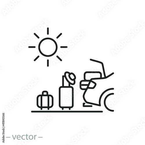 car travel icon, summer trip, tourism vacation, hot holiday, family leisure, thin line web symbol on white background - editable stroke vector illustration eps10