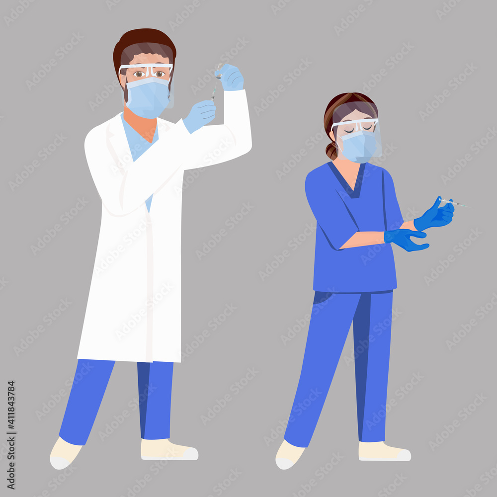 Doctor in clinic giving coronavirus vaccine. Flat illustration. Vector illustration. 
