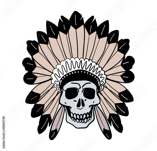 Vintage illustration with indian skull and feather roach on head, simple hand drawing, boho tattoo for witch. Vector drawing isolated on white background