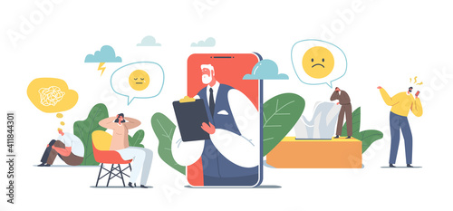 Psychotherapy Helpline, Online Consultation. Depressed Female Character and Doctor Psychologist on Huge Mobile Screen
