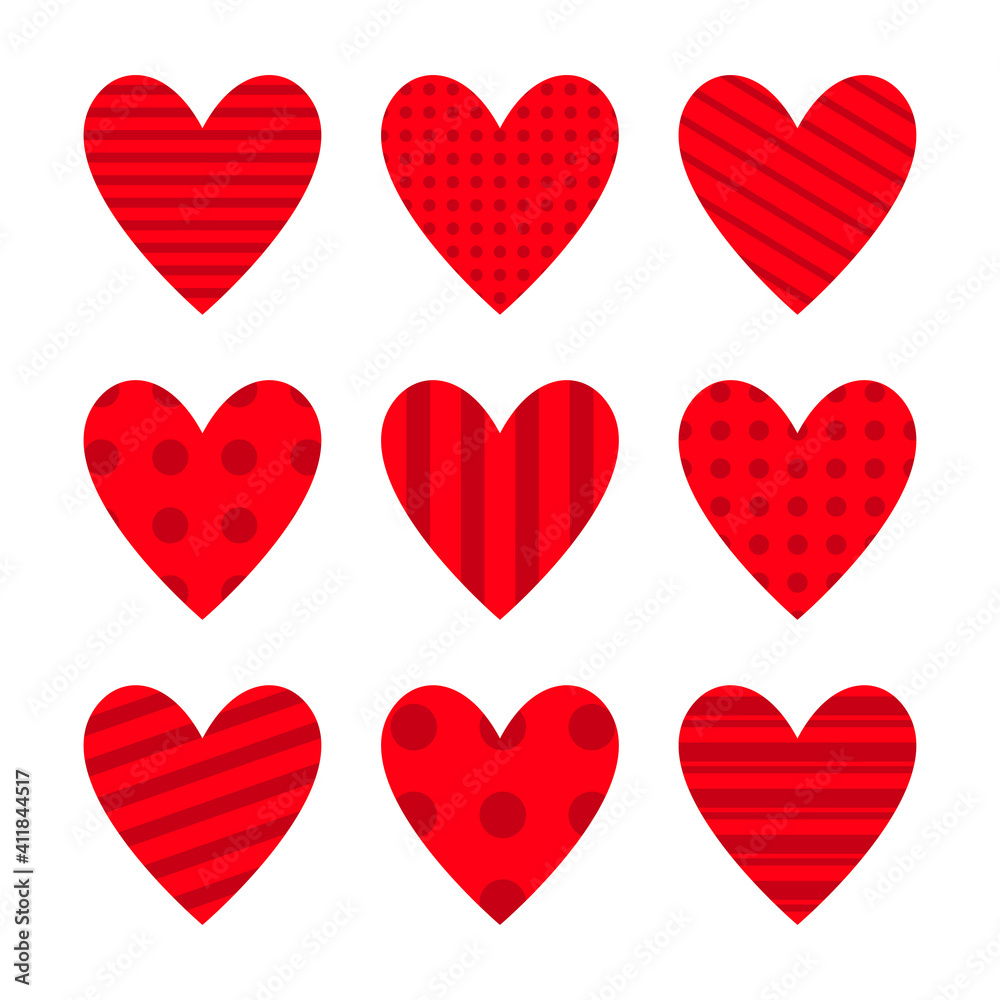Red heart icon set. Cute polka dot, line pattern. Happy Valentines day sign symbol simple template. Love greeting card. Decoration element. Square composition. Flat design. Isolated. White background.